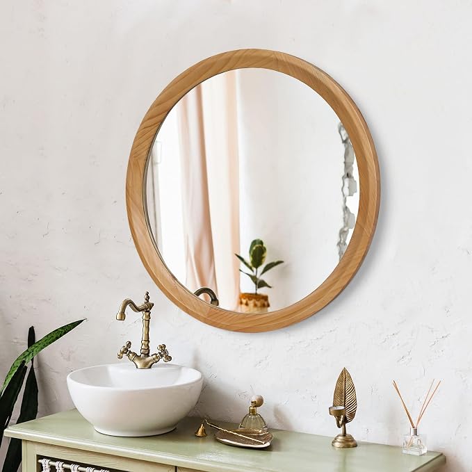 23.62" Round Natural Wood Wall Mirror Minimalist Mid-Century Modern Decorative Mirror with Sleek Solid Wood Frame HD Wall Mounted Mirror for Bathroom Vanity Living Room Bedroom Entryway