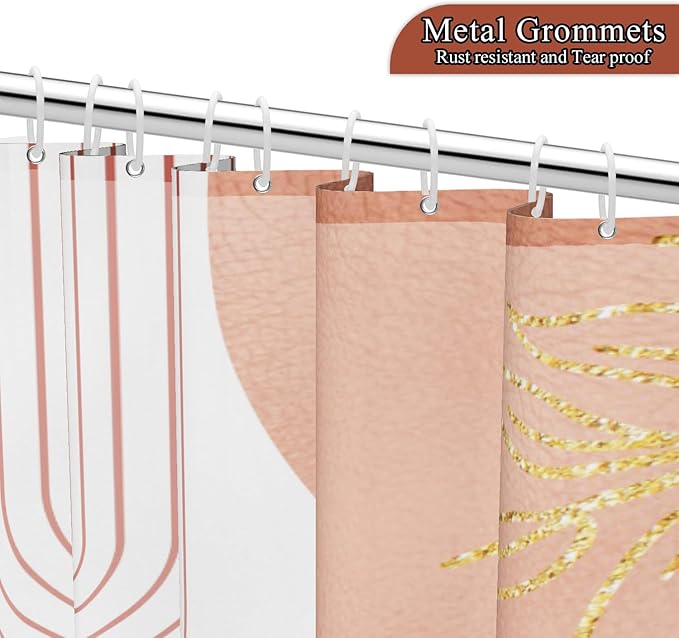 Mid Century Boho Shower Curtain, Abstract Modern Sun Minimalist Aesthetic Shower Curtain, Bohemian Geometric Arch Curve Leaves Neutral Art Fabric Bathroom Curtains Pink 36x72 inch