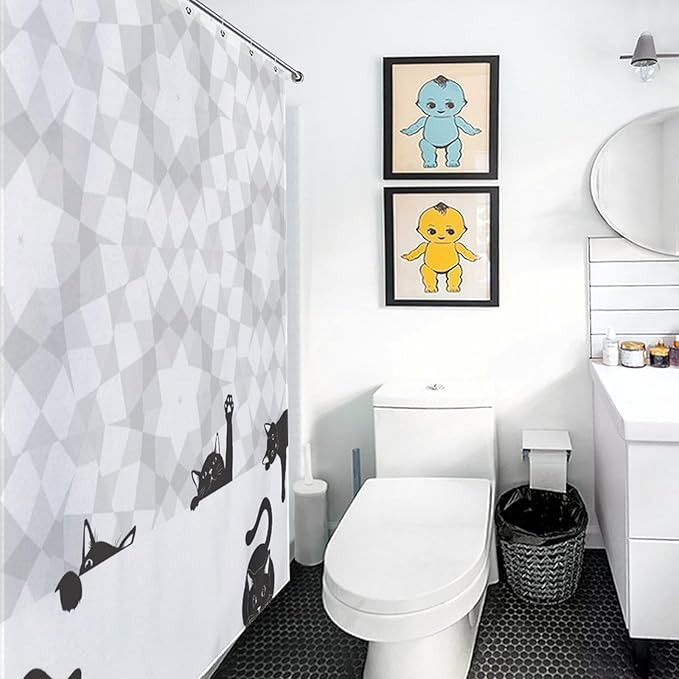 Cats Shower Curtains Gray White Mosaic Black Background Funny Cat Pattern Duty Fabric Shower Curtain Set Bathroom Polyester Waterproof with 12 Hooks, 66x72Inch（168x183cm）
