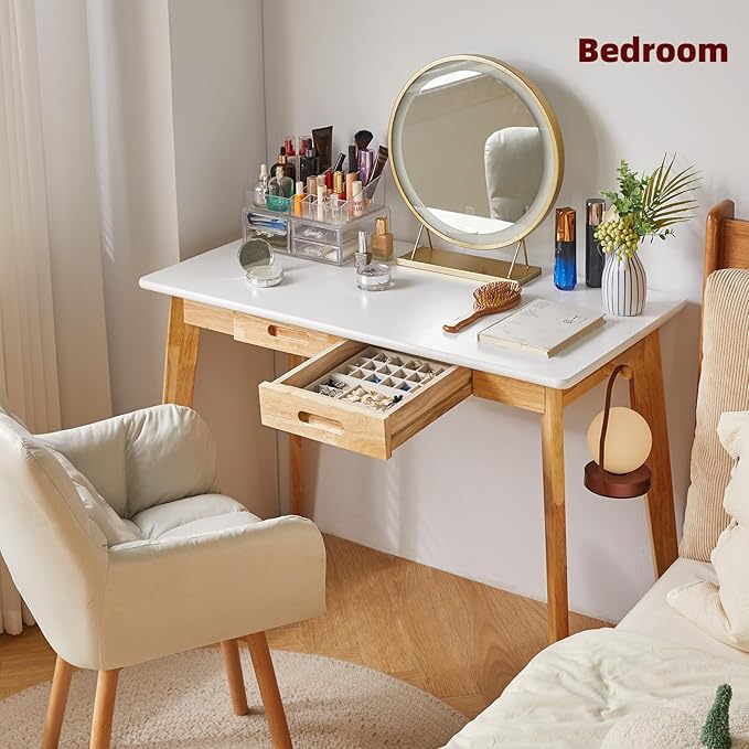 Aibiju Computer Desk with 2 Drawers, 47" Solid Wood Home Office Writing Desk, Compact Simple Tables with Hook for PC, Laptop, Students, Study, Makeup, Bedroom White + Natural Wood Legs YD-WD03WN