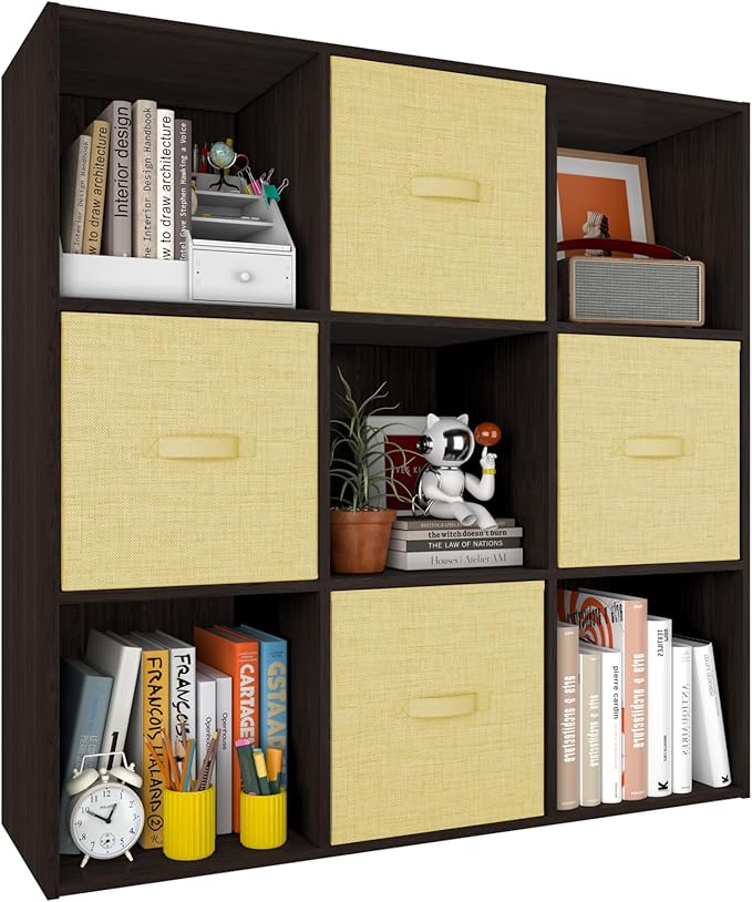 PrimeZone Stackable 9 Cube Storage Organizer: Wood Cubes Shelf Fits Cubby Bins - Square Cubicle Bookshelf Cabinet for Closet Bedroom - Open Storage Shelf for Toy Clothes Book Organization, Espresso