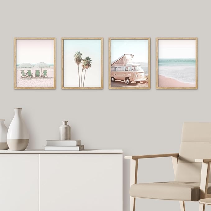 SIGNWIN Framed Collage Print Gallery Set 1980s Retro Miami Wall Art, Set of 4 Beach Landscape Wall Decor Prints, Nature Wilderness Wall Décor for Living Room, Bedroom - 11"x14" Natural