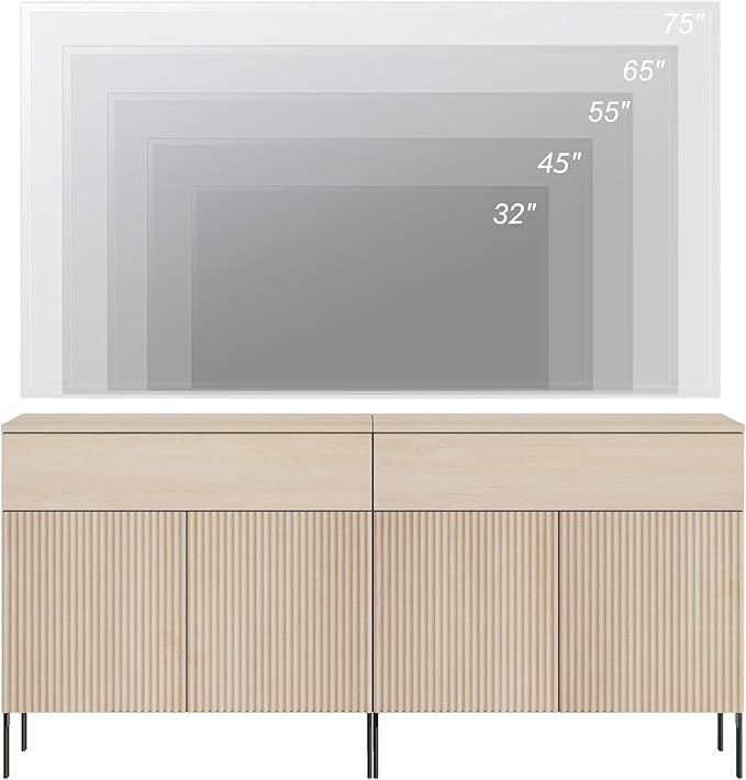 WAMPAT 63" W Large Sideboard Buffet Cabinet with Storage, 2 in 1 Fluted Sideboard Buffet with 4 Doors, Wooden Buffet Table, Coffee Bar Wine Bar Cabinet for Kitchen, Dining Room, Living Room, Beige