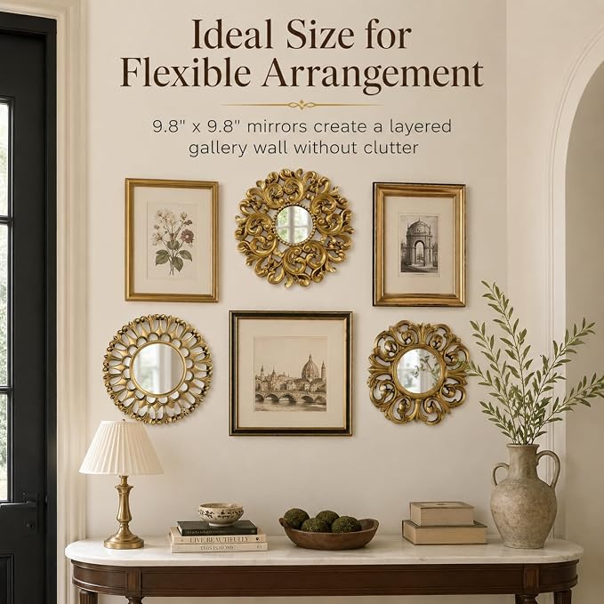 Mifoci Vintage French Wall Mirror Set of 3 Antique Decorative Gallery Wall Mirror Gold Hanging Antique Art Decor Ornate Baroque Style for Living Room Bedroom Home Decor(Round)