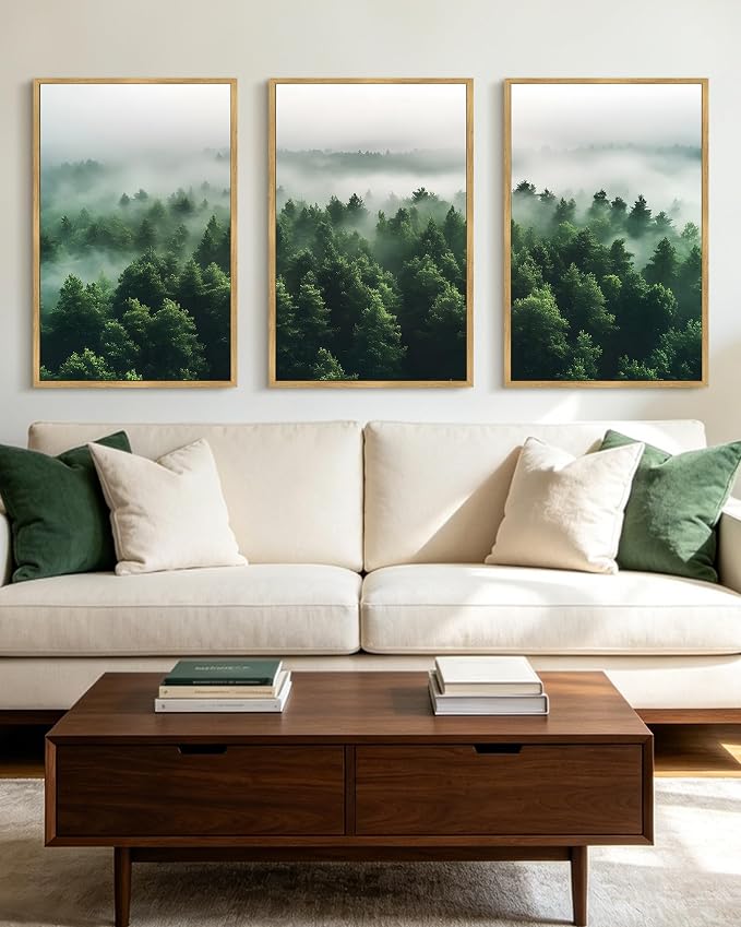 KUVIOKE Green Fog Pine Tree Framed Wall Art Nature Nordic Misty Forests Artwork Morden Painting Bedroom Decor 24x36in (Natural Framed)