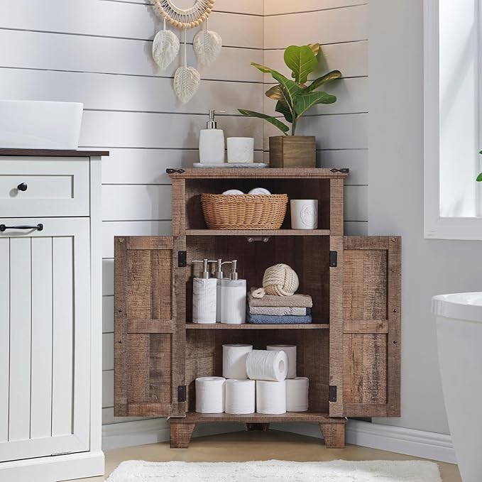 ACCOHOHO Corner Bathroom Cabinet, Farmhouse Small Corner Cabinet with Barn Door & Adjustable Shelf, Storage Cabinets for Bathroom, Kitchen, Living Room, Rustic Brown
