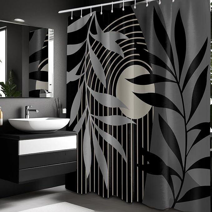 Boho Black and Grey Shower Curtain, Mid Century Modern Black and Gray Shower Curtains for Bathroom, Waterproof Fabric Set with Hooks, 70" W x 84" L (Pack of 1)