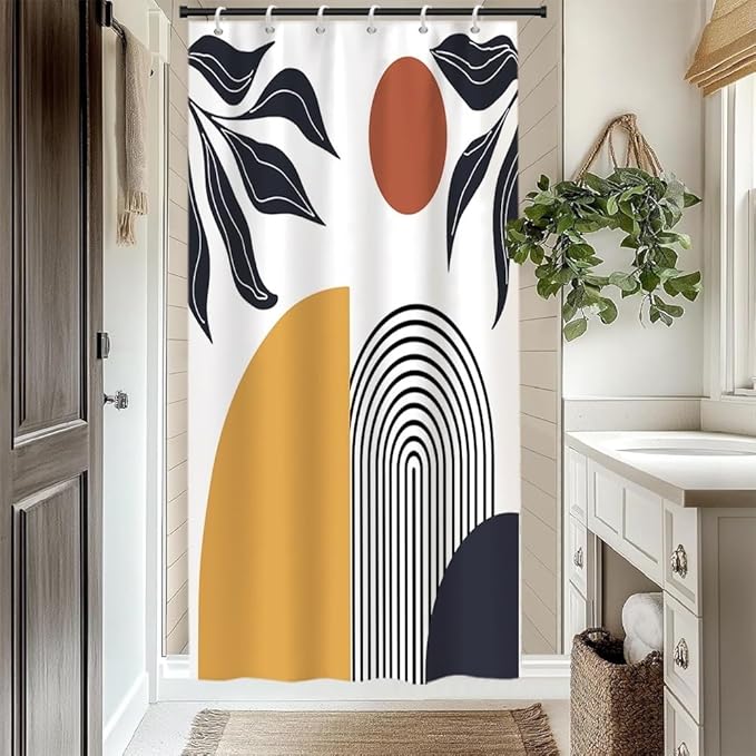 Bohemian Shower Curtain for Bathroom Modern Abstract Minimalist Bathroom Decor Mid Century Arch Sun Leaf Aesthetic Bathtub Curtains Machine Washable Waterproof Polyester Fabric with Hooks 48x72 Inch