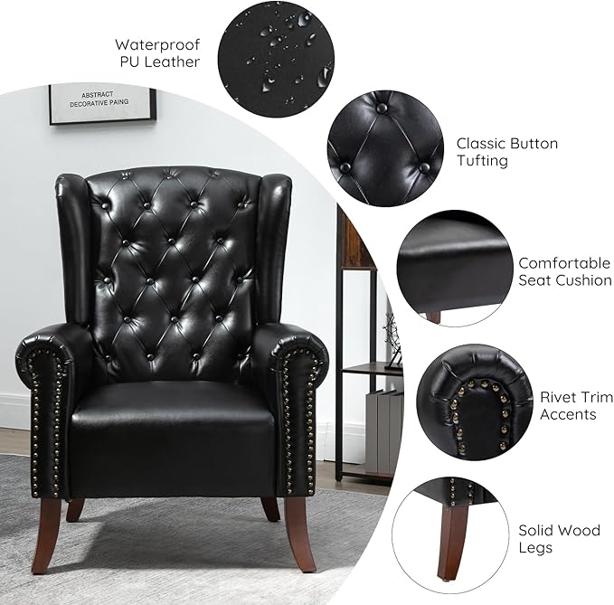 MOJAY PU Leather Accent Chair, Mid-Century Living Room Sofa Chair, Upholstered Arm Chair with Sturdy Wooden Legs, Faux Leather Club Chair for Bedroom Study Home Office Reception (Black)