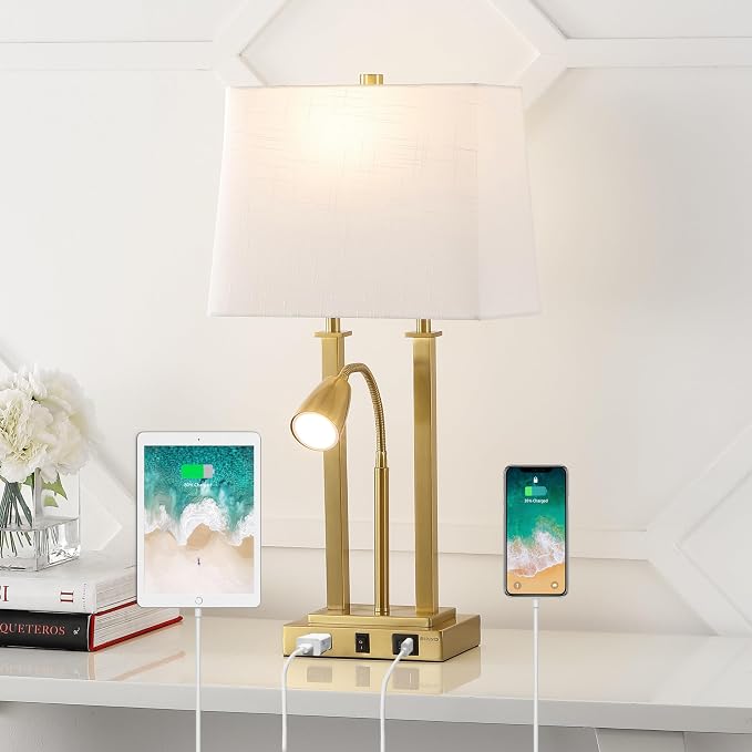 JONATHAN Y 23.75" Brass Gold 2-Light Modern Farmhouse LED Table Lamp with USB, White Linen Shade, AC Outlet, Adjustable Reading Light for Bedside Nightstand and Living Room (JYL1144B)