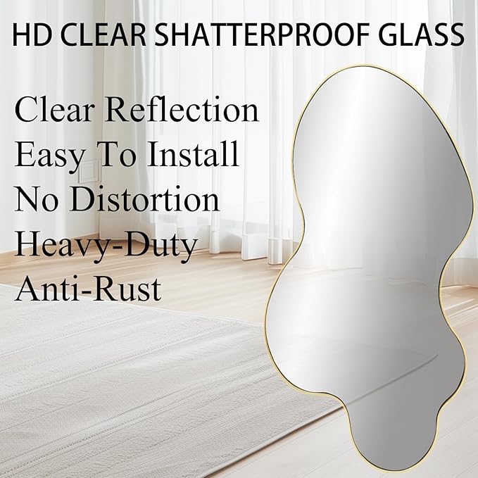 Irregular Mirror, 30"x18" Asymmetrical Mirror, Gold Metal Frame Abstract Wall Mirrors Decorative, Modern Odd Shaped Mirrors for Living Room Bathroom Bedroom Hallway Entryway Fireplace