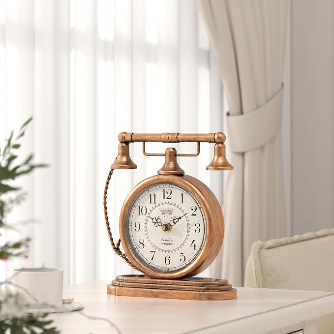 Vintage Table Clock, Desk and Shelf Decor Clock, Gold Antique Telephone Style Mantel Clocks, for Living Room, Farmhouse, Bedroom, Bedside, Gift (7.3" H x 7.3" W)