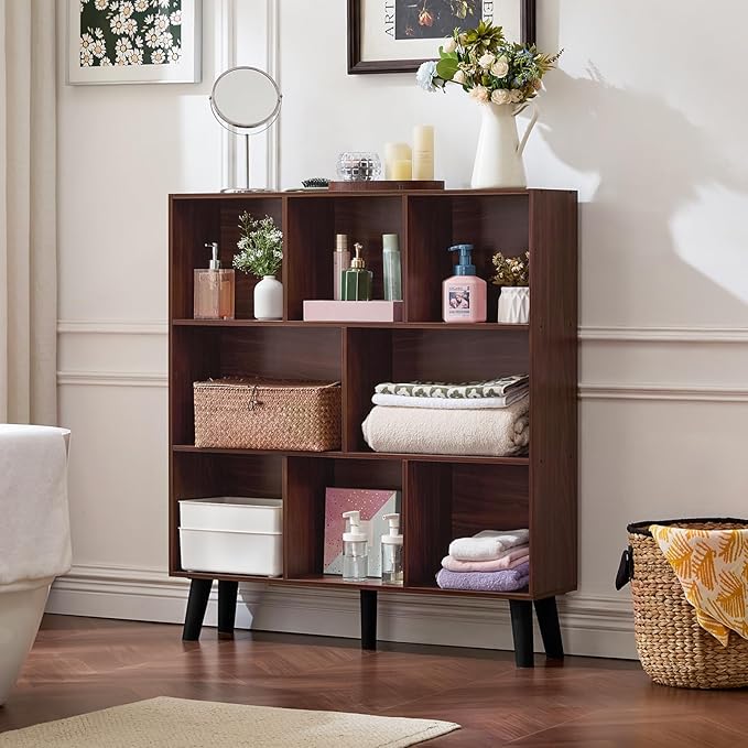 LEYAOYAO 8 Cube Bookshelf 3-Tier Bookcase with Legs, Mint-Walnut Kids Book Shelf Cute Storage Organizer, Large Open Toy Shelves Modern Bookshelves,Display Bookcases for Bedroom,Living Room,Nursery