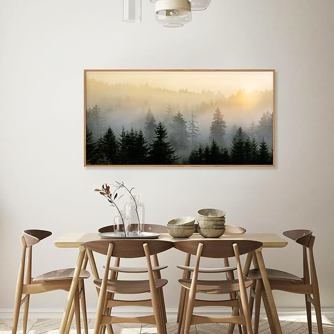 FWIEXA Misty Forest Wall Art Set Framed, Large Mountains Canvas Wall Decor, Green Nature Wall Painting, Foggy Tree Landscape Artwork 20x40 Inches for Living Room, Bedroom, Office, Gift