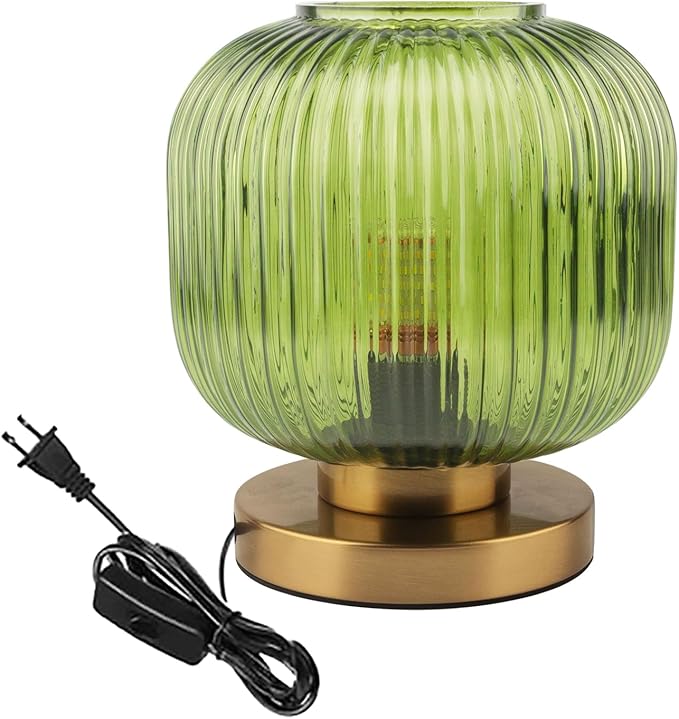 Green Glass Table Lamp - Mid Century Modern with Ribbed Glass Shade, Gold Finish - Desk & Nightstand Lamp - Small Size for Bedside, Living Room & Office