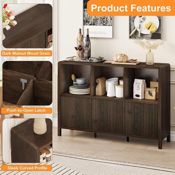 FATORRI 6 Cube Storage Organizer Book Shelf, Horizontal Bookshelf with 3 Doors, 3 Tier Wooden Bookcase for Living Room, Home Office (Dark Walnut)