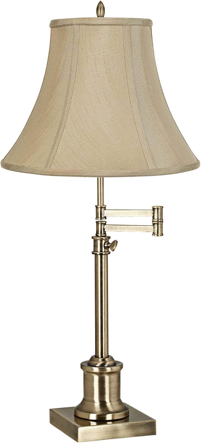 360 Lighting Westbury Traditional Swing Arm Desk Table Lamp Adjustable Height 36" Tall Antique Brass Imperial Taupe Fabric Bell Shade for Living Room Bedroom House Bedside Nightstand Home