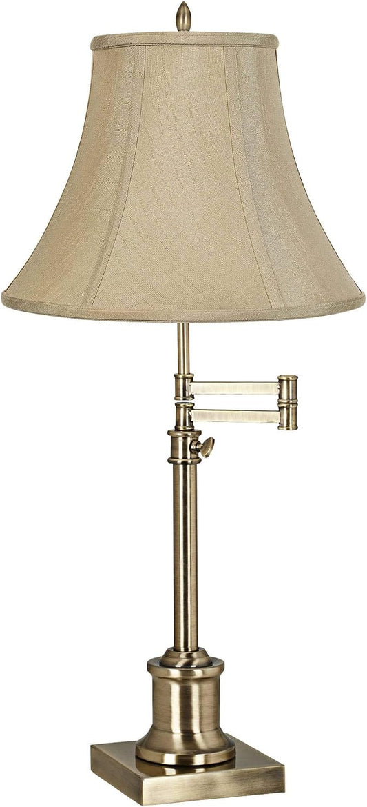 360 Lighting Westbury Traditional Swing Arm Desk Table Lamp Adjustable Height 36" Tall Antique Brass Imperial Taupe Fabric Bell Shade for Living Room Bedroom House Bedside Nightstand Home