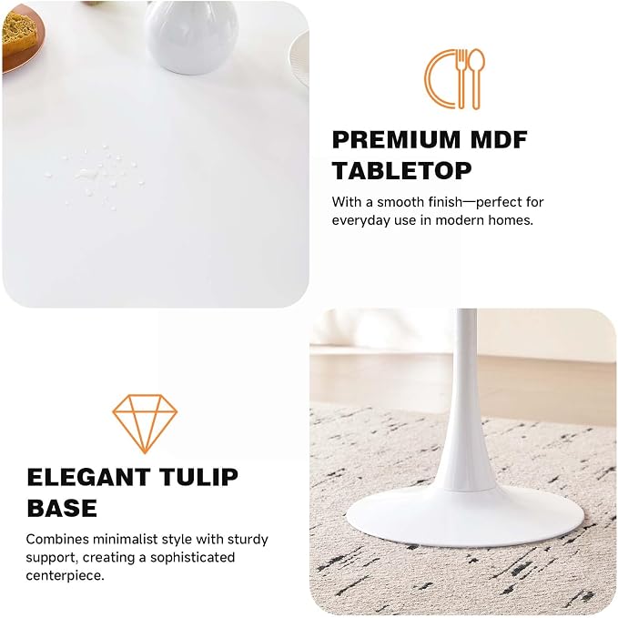 23.6" Round Dining Table for 2-4 Modern Circle Tulip Table with Metal Tulip Pedestal Base for Kitchen Dining Living Room Apartment Small Space Cafe, White