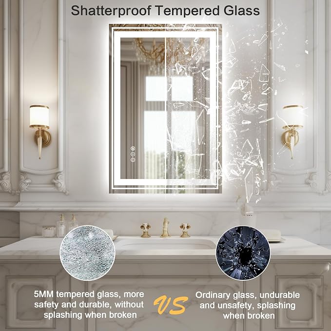 WTTY LED Bathroom Mirror with Backlit and Front Light,24"x32",Stepless Dimmable LED Mirror for Bathroom,Anti-Fog Lighted Bathroom Vanity Mirror Modern for Wall,Memory Function,Shatter-Proof