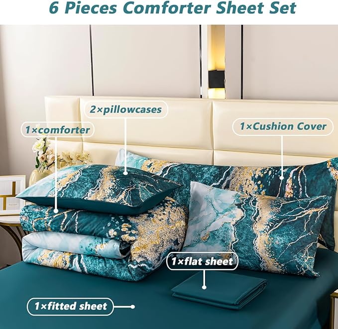 PERFEMET 6 Pieces Full Size Comforter Set Aqua Gold Bed in A Bag Watercolor Marble Bedding Comforter with Sheets Soft Lightweight Abstract Artwork Green Bed Sets for All Season Use(Aqua, Full)