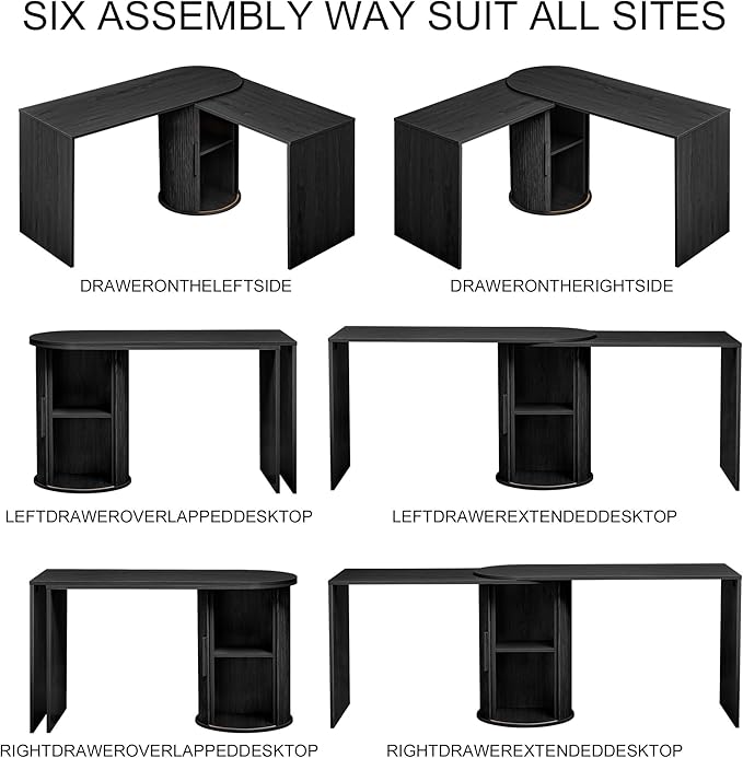 Fluted Computer PC Desk Table with Storage, Black Corner L Shaped Desk with Storage for Small Space, Modern Home Office Desk for Bedroom, for Writing, Executive, Study, Work - Black