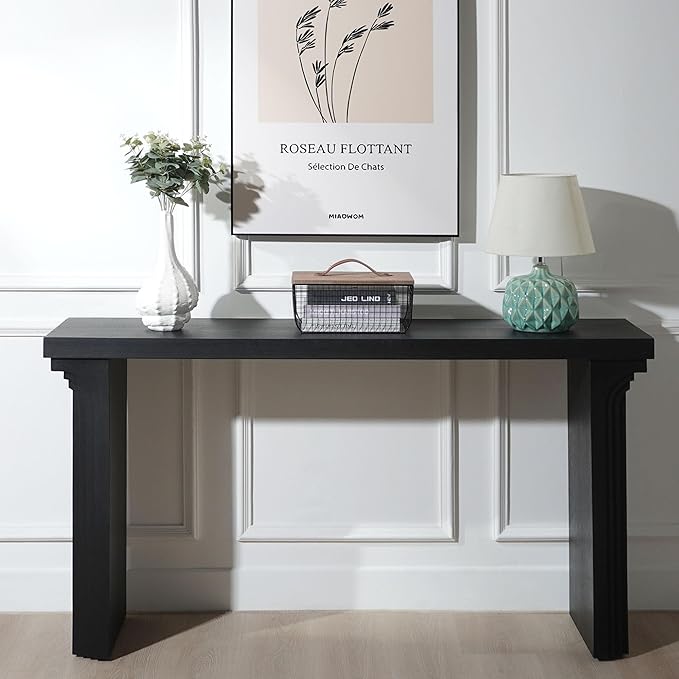 Wood Console Table, 58" Modern Minimalist Long Sofa Table Behind Couch with Uniquely Curved Legs and Engineered Wood Finish for Hallway Entryway Living Room Entrance, Black