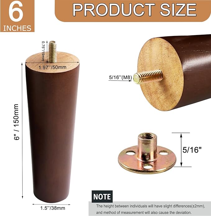 6 Inches Round Solid Wood Furniture Legs Set of 4, Brown Wooden Replacement Feet with Threaded 5/16'' Hanger Bolts for Sofa, Couch, Armchair, Cabinet, TV Stand, Ottoman and Dresser