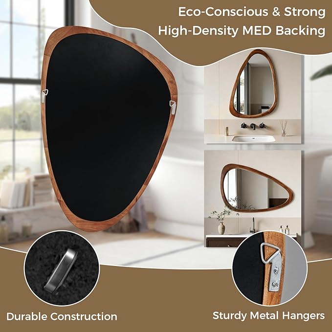 30"x20" Asymmetrical Wall Mirror with Solid Wood Frame – Full-Length Irregular Design, Anti-Burst Tempered Glass, Boho Chic & Mid Century Modern Style for Bedroom, Living Room, Entryway