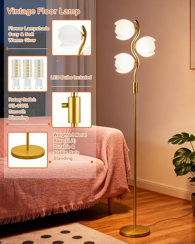 Lightdot 62IN Gold Floor Lamp Stepless Dimmable Bud-Shaped Floor Lamps with 3Pcs 3000K G9 Bulbs Included Eye-Friendly Mid Century Standing Lamps for Living Room/Bedroom/Sofa Beside/Corner Decor