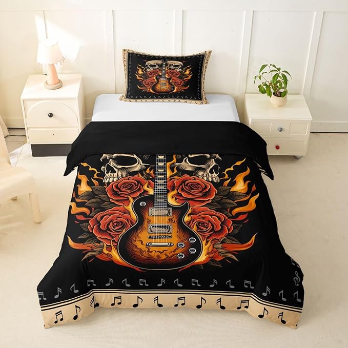 Erosebridal Guitar Rose Toddler Duvet Cover for Teens Boys - Floral Gothic Skull Flame Bedding Set Punk Rock Roll Music Comforter Cover,Vintage Musical Notes Bed Set