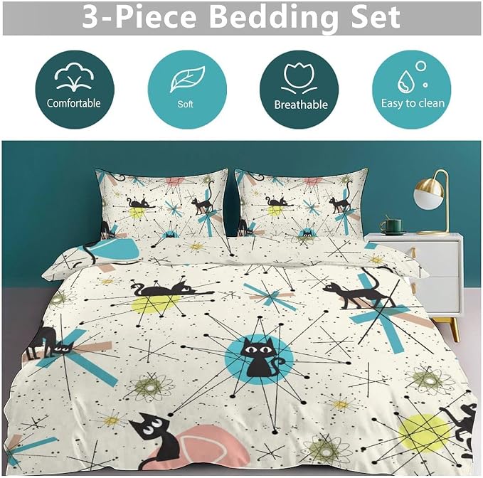 Mid Century Black Cat Comforter Set,Retro Abstract Atomic Star Pattern Cartoon Black Cat 1950s 1960s Vintage Pastel Bedding Set with Pillowcase for Bedroom Bed Decor，Twin 86"x70"