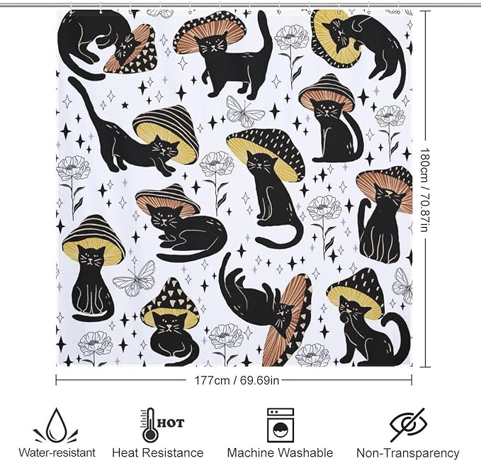 Cat Shower Curtain,Retro Funny Mushroom Star Floral Gothic Print Bathroom Curtain Polyester Waterproof Fabric Decor 72x72in（183x183cm）