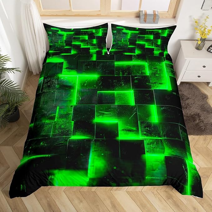 Erosebridal Black and Green Duvet Cover King Modern Abstract King Bedding Set, 3D Glowing Plaid Comforter Cover Gradient Grid Bed Set, Neon Square Bedding 3 Piece (Black Reversible)