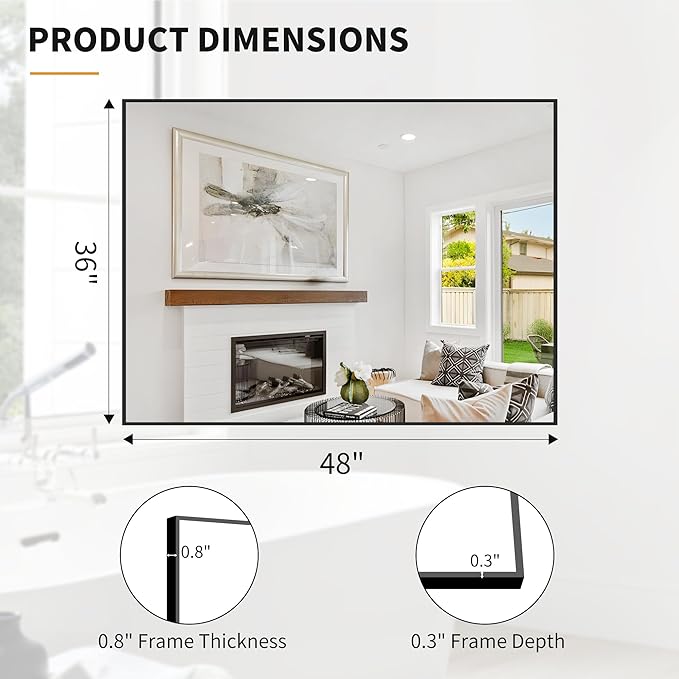 KOCUUY Black Mirror, 48"x36" Rectangle Bathroom Mirror for Over Sink, HD Tempered Glass, Anti-Rust Frame, Modern Design for Bathroom, Bedroom, Living Room, Entryway, Hang Horizontal/Vertical