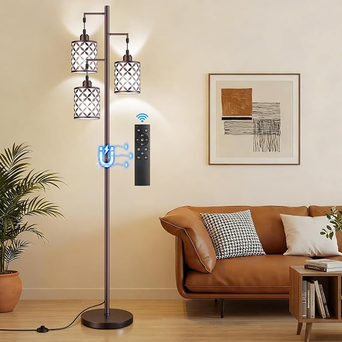 Dimmable Floor Lamp, Farmhouse Standing Lamp with Elegant Metal Cage, Industrial Tall Tree Floor Lamps for Living Room, Bedroom, Study Room, Office, 3 x 800LM LED Bulbs Included, 72", Brown