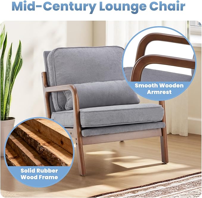 DUMOS Mid Century Accent Chair, Modern Living Room Chair with Arms and Waist Cushion, Reading Chairs for Adults, Lounge Chair for Bedroom, Solid Wooden Frame,Classic Grey