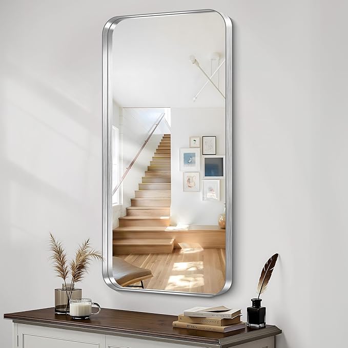 CIRCUMI Silver Bathroom Mirror, 24"x48" Rectangular Mirror with Deep Metal Frame, Rounded Corner, Tempered Glass, Large Mirror for Wall, Over 2 Sinks, Installed Vertically/Horizontally, Crystal-Clear