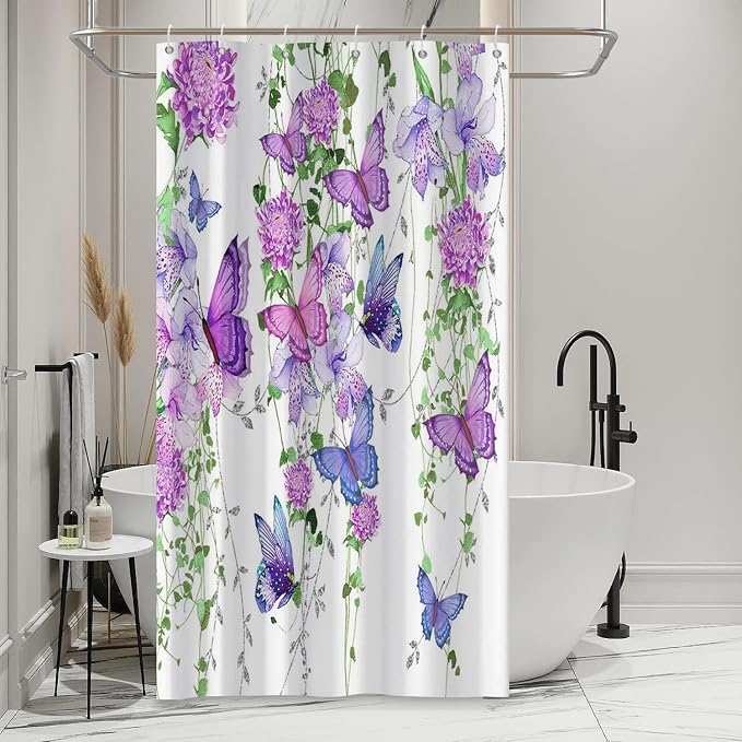 Violet Butterfly Floral Shower Curtain Spring Lavender Shower Curtain Lilac Pink Floral Bathroom Decor Waterproof Polyester Fabric with 10 Hooks,54x78 Inches