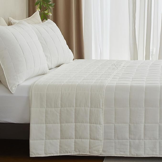 Powdion 100% French Linen Quilt King, Pre-Washed Linen Front Cotton Back Quilt Comforter Breathable Bedding Set for All Season, Lightweight Cotton Quilt King Size, 3 Pieces Cream Bedspread