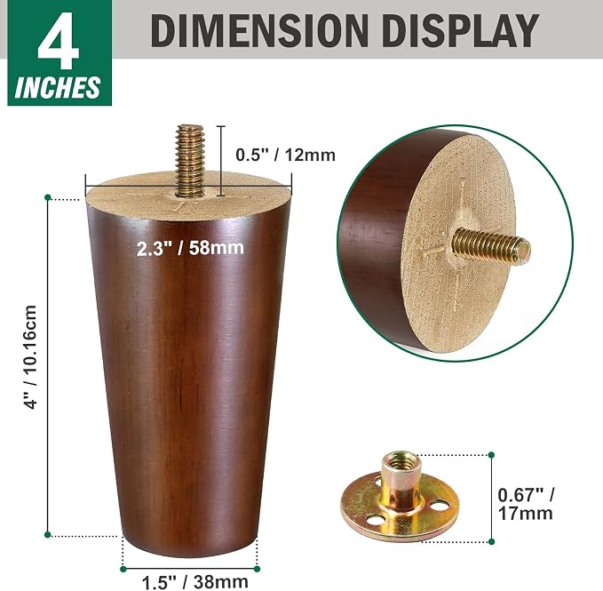 FoDau770 Brown Rubber Wood Furniture Legs 4 Inches, 5/16" UNC Straight Tapered Wood Feet Mid Century Sofa Legs, Wooden Furniture Feet Replacement Parts for Cabinet Couch Dresser Chair Ottoman Table