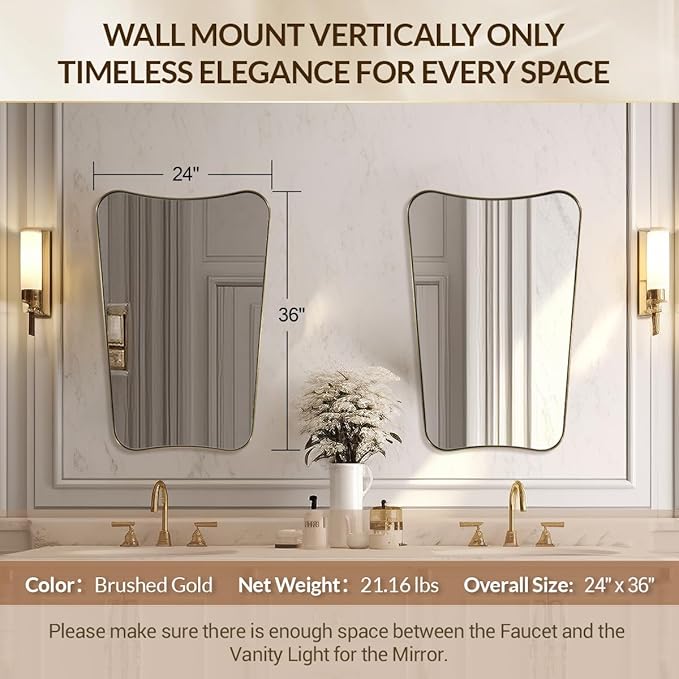 MIRRORTART Contemporary Brass Bathroom Mirrors, 24x36'' Asymmetrical Scalloped Butterfly Rectangle Gold Mirror in 1'' Stainless Steel Metal Frame for Home Decor Wall Mounted Vertical Only