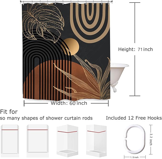 Yookeb Abstract Black Mid Century Bathroom Shower Curtain 60W by 71H Inch Minimalist Aesthetic Modern Contemporary Polyester Fabric 12 Plastic Hooks Waterproof Decor