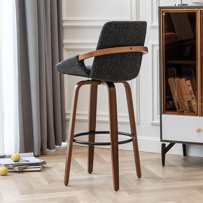 LUNLING 25.6" Counter Height Barstools Mid Century Modern Retro Bar Chairs Charcoal Gray Linen Look Fabric Upholstered and Walnut Wood Frame for Home Bar Furniture(Darkgrey,1PCS)