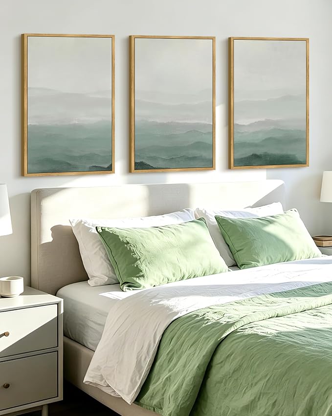 KUVIOKE Green Watercolor Mountains in Fog Framed Canvas Wall Art Wilderness Nature Landscape Artwork Painting Boho Rustic Scenic Relax Cool Room Decor for Bedroom Living Room 24x36in (Natural Framed)