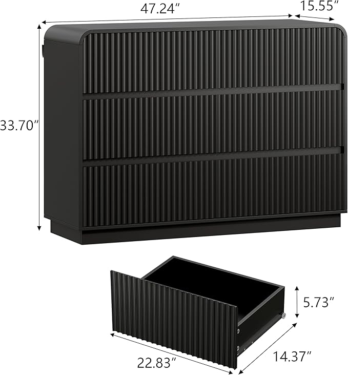 Black Dresser Fluted 6 Drawers Dresser for Bedroom, 47" Wide Wood Chest of Drawers with Hidden Handles & Rounded Corners, Modern TV Stand Storage Cabinet for Living Room, Hallway, Entryway