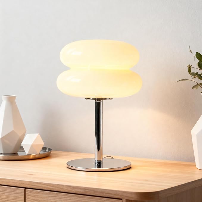 Fandian Beige Table Lamp for Bedroom, Mid Century Modern Lamp for Nightstand, 3 Color Change Egg Tart Bedside Small Lamps, Unique Home Mushroom Cute Desk Lamps