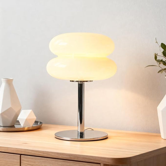 Fandian Beige Table Lamp for Bedroom, Mid Century Modern Lamp for Nightstand, 3 Color Change Egg Tart Bedside Small Lamps, Unique Home Mushroom Cute Desk Lamps