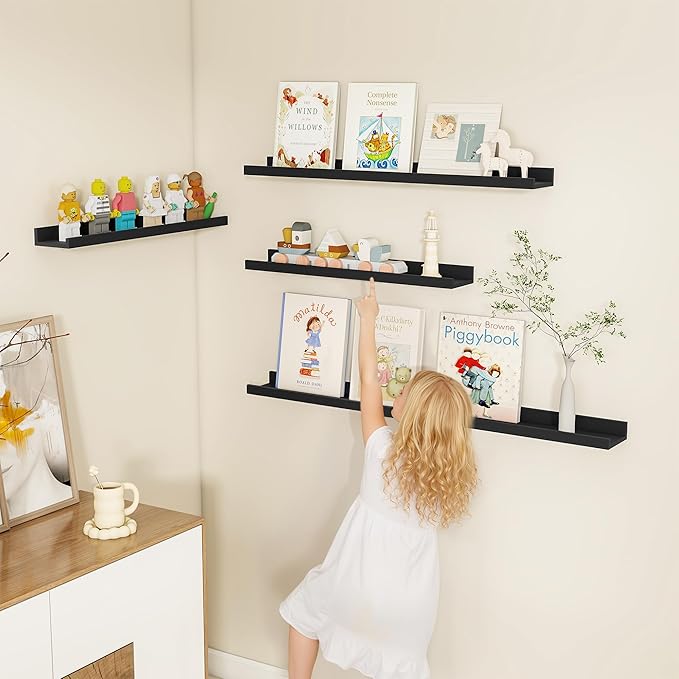 Fun Memories Picture Ledge Shelf, Black Floating Shelves Set of 4, 40 Inch Picture Shelves for Wall with Ledge, Large Nursery Book Shelf for Toys Storage, Living Room, Bedroom Decor Frames