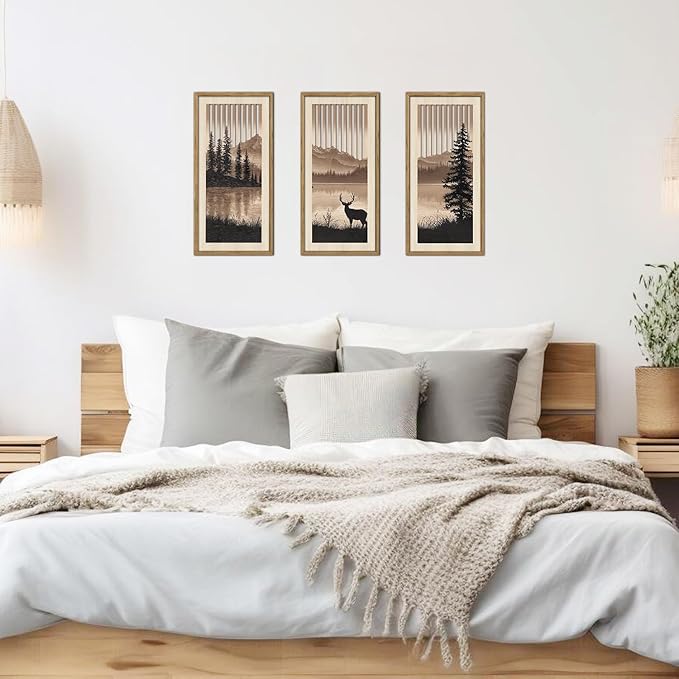 HPNIUB 3PCS Jungle Animals Wall Decor,Rustic Mountain Forest Wooden Sign for Living Room,Silhouette Abstract Deer Pine Tree Hanging Wood Plaque Wall Art Nature Wall Sculpture for Home Office(8x16Inch)
